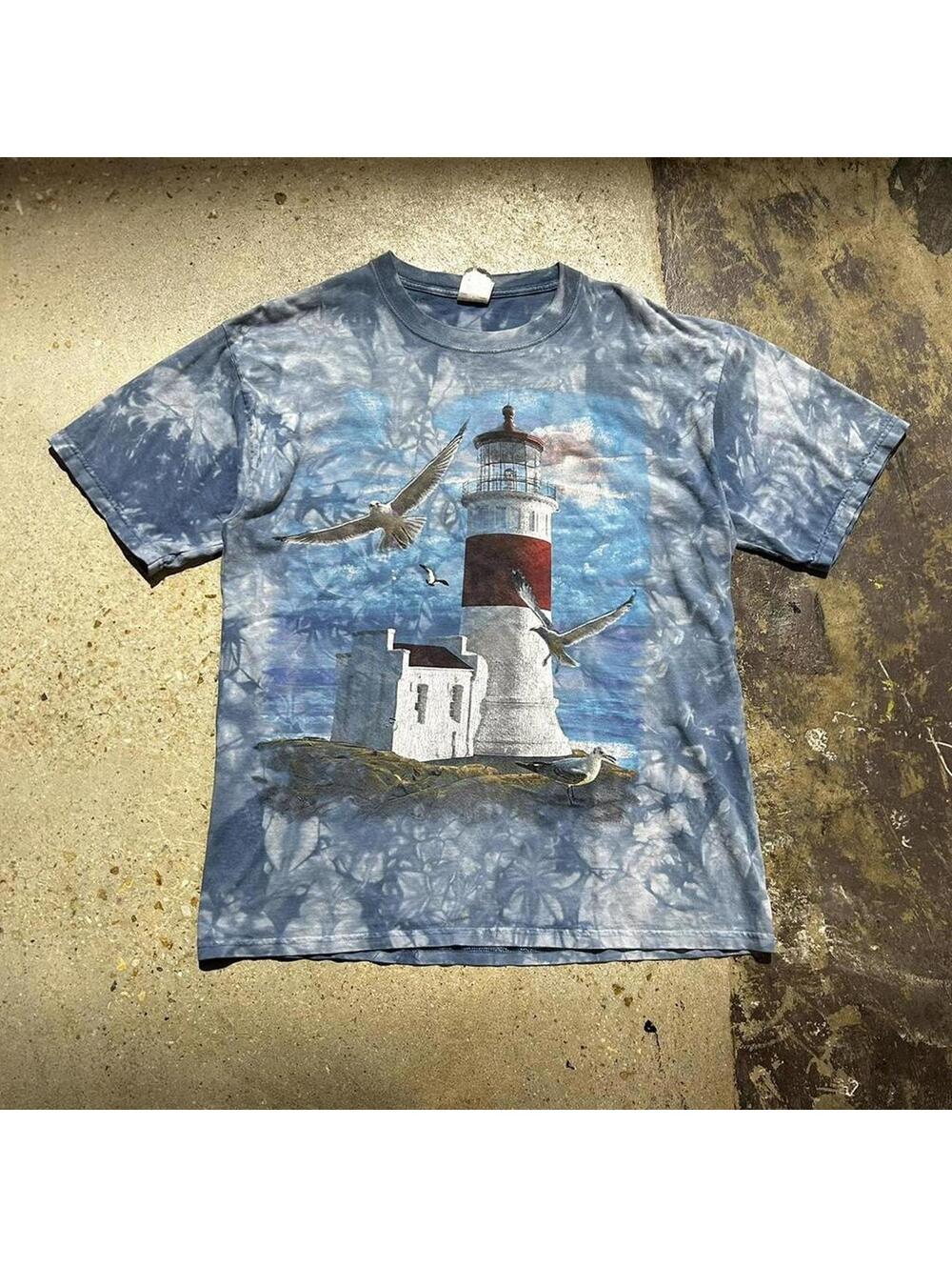 Vintage Y2K Blue tie-dye lighthouse t-shirt